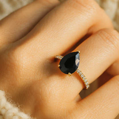 Natural Black Diamond Pear Wedding Ring with Diamond Accents Gold Ring
