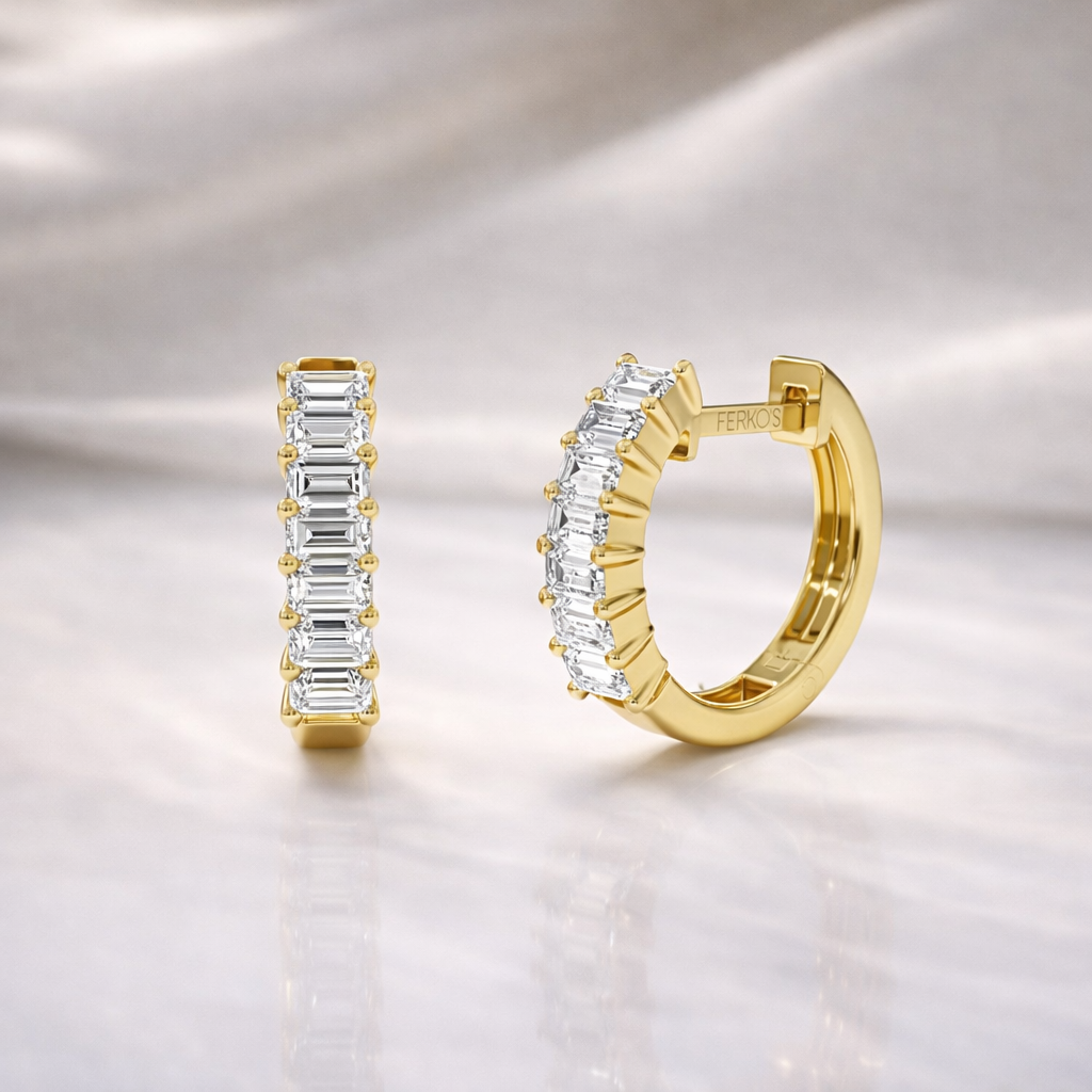 14k Baguette Diamond Huggies Gold Hoop Earrings Huggies
