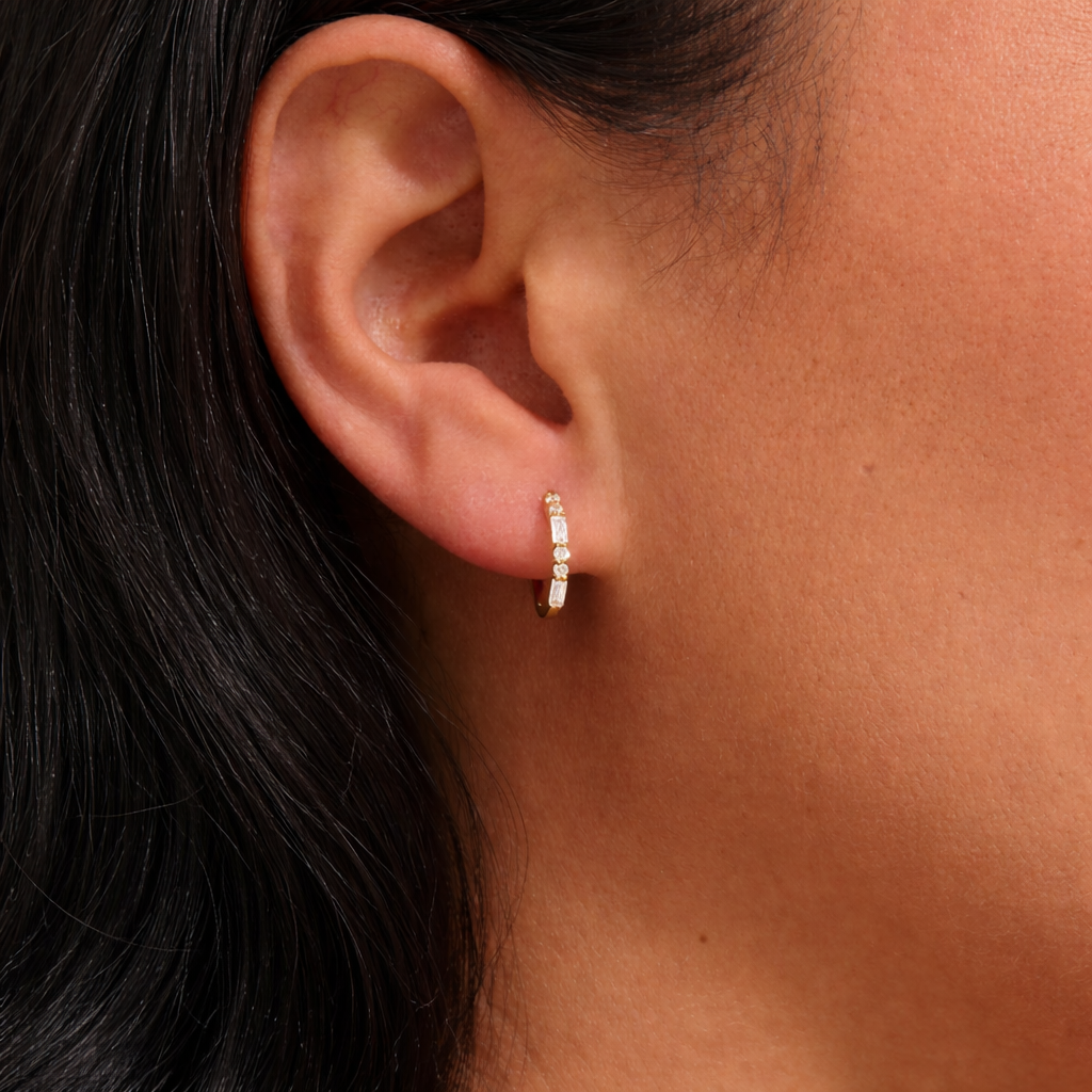 Gold Hoop Earrings 14k Round And Baguette Cut Diamond
