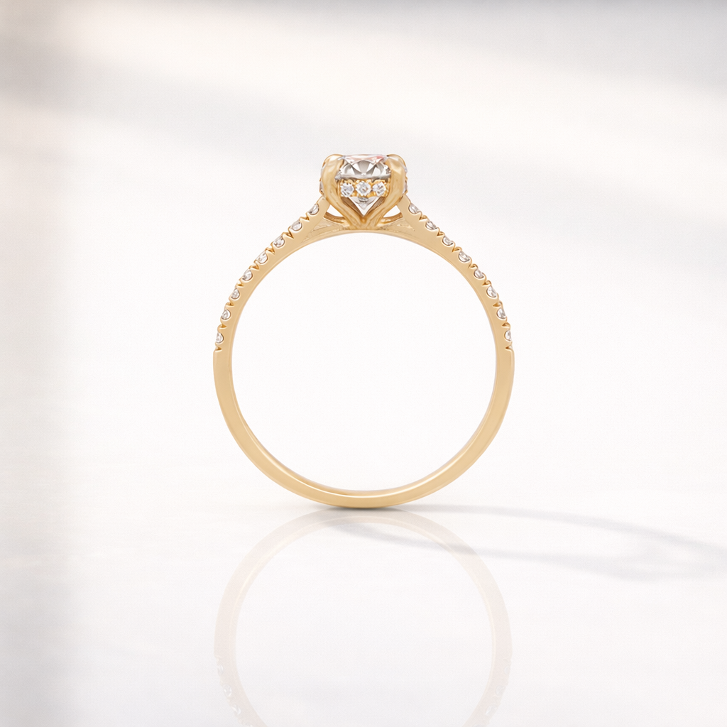 Round Brilliant Cut Diamond Engagement Ring With Hidden Halo And Pavé Band
