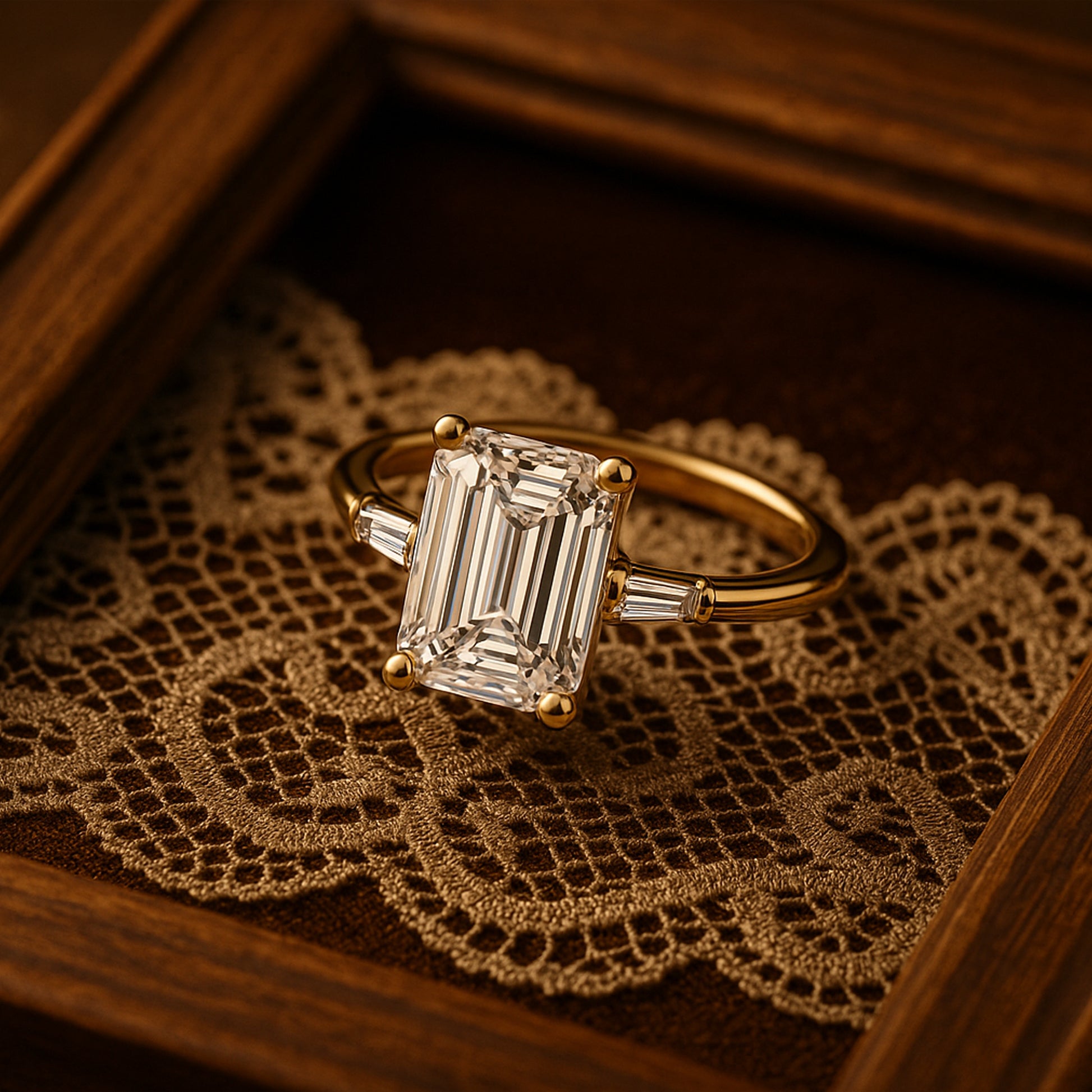 Lab-Grown Emerald Cut Diamond Ring With Baguette Side Stones - Ethical Luxury Worldwide Shipping