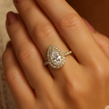 Elegant 18K Yellow Gold Pear Cut Moissanite Wedding Ring With Halo And Pave Setting Featuring Diamond Inspired Sparkle