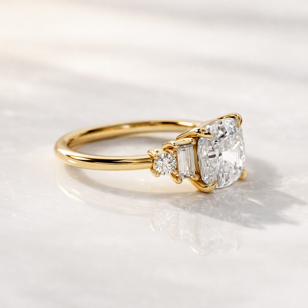 Cushion Cut 2 Carat Diamond Ring Featuring 5 Stone Design With Baguette And Round Side Stones
