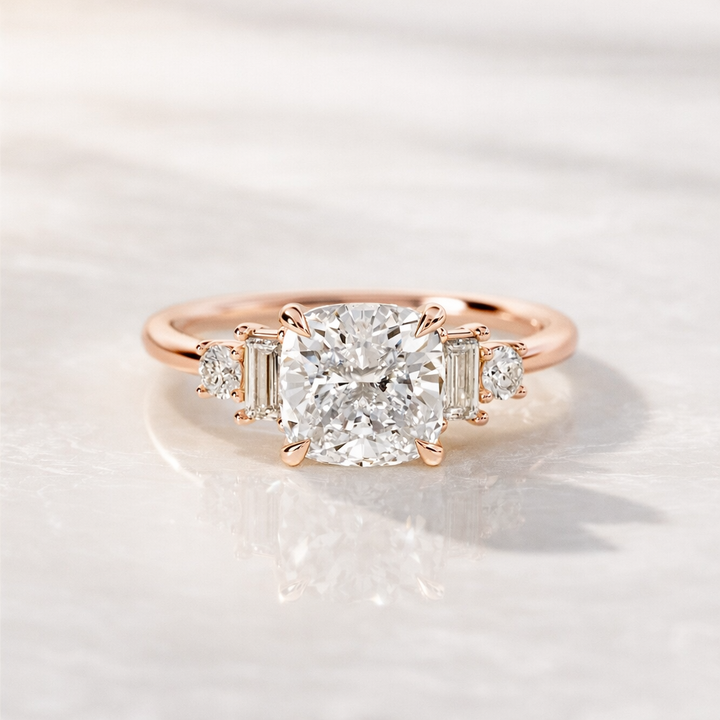 2 Carat Cushion Cut Diamond Ring With Baguette And Round Side Stones In Four Claw Prong Setting
