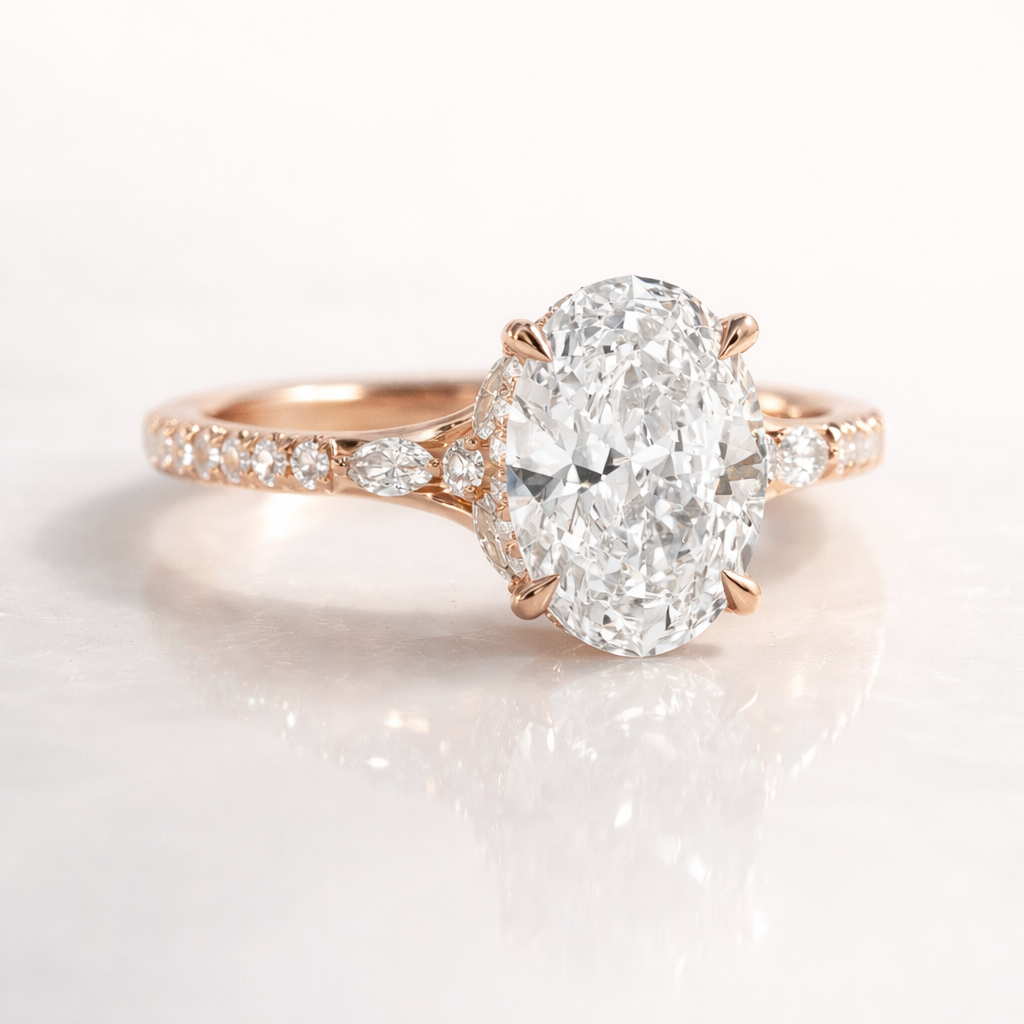 White Gold Engagement Ring With Oval Cut And Hidden Halo Setting
