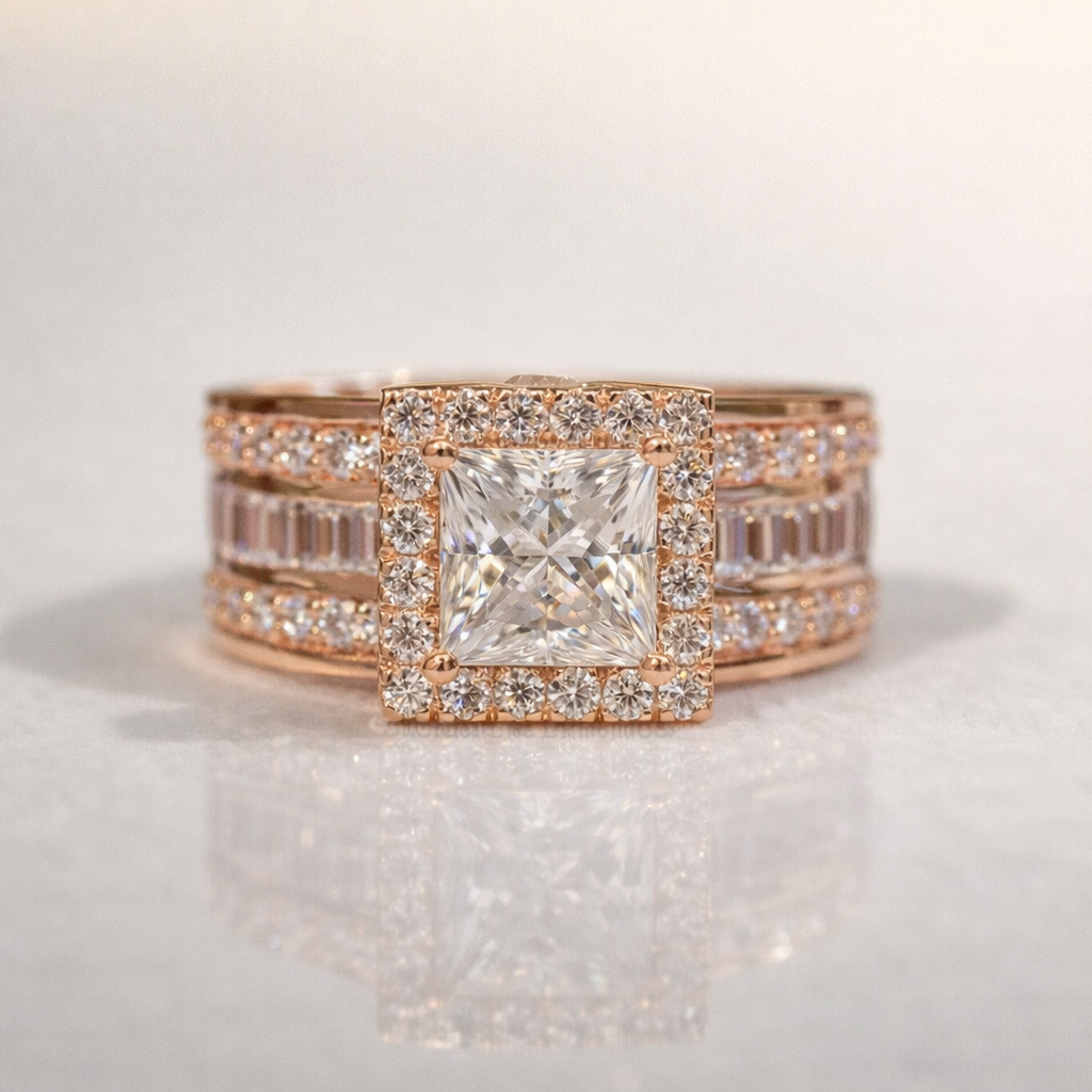 2 Carat Princess Cut Diamond Ring Cocktail Ring Round Cut Halo Setting.
