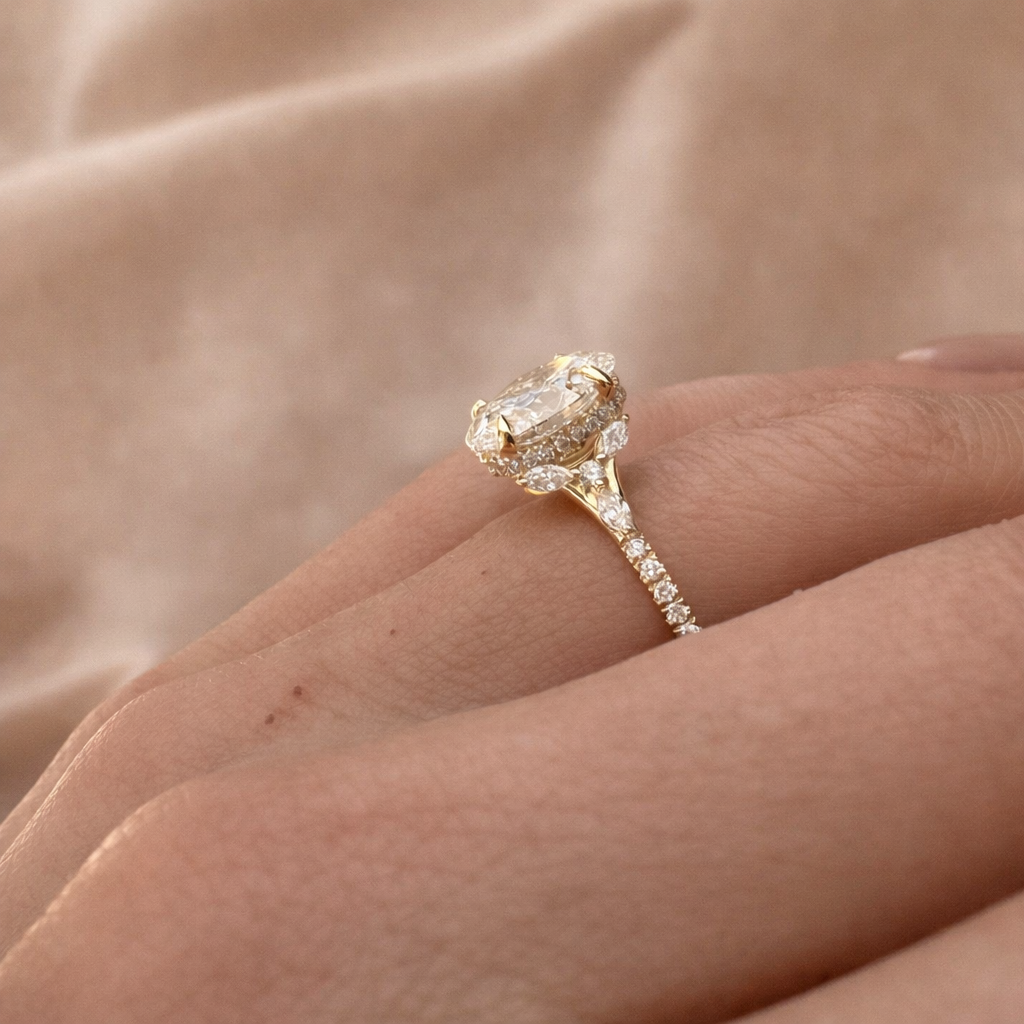 Hidden Halo Engagement Ring With Oval Diamond And Pave Band
