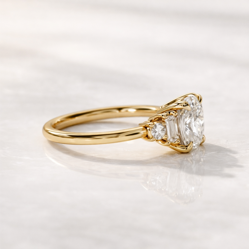 Cushion Cut Diamond Or Moissanite Engagement Ring With Baguette Cut Side Stones
