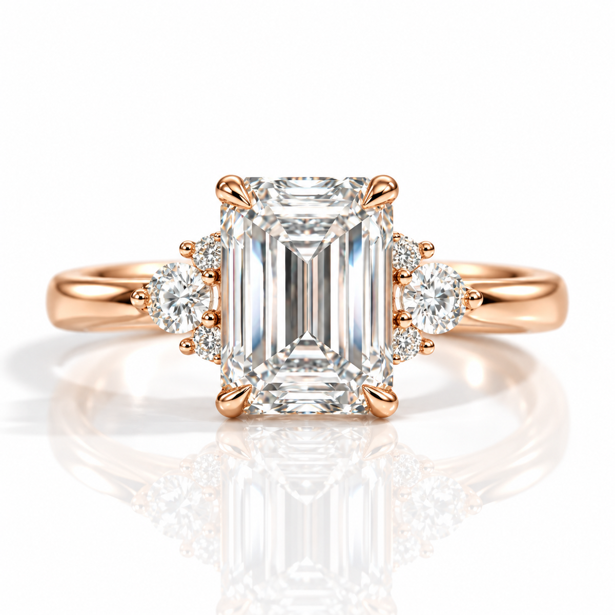 18K rose gold vermeil emerald-cut engagement ring with round diamond side stones on a white background.