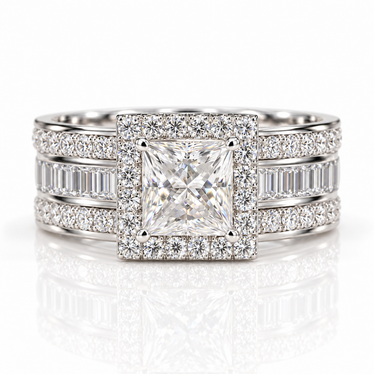 Silver princess-cut engagement ring with diamond halo and baguette band on white background.
