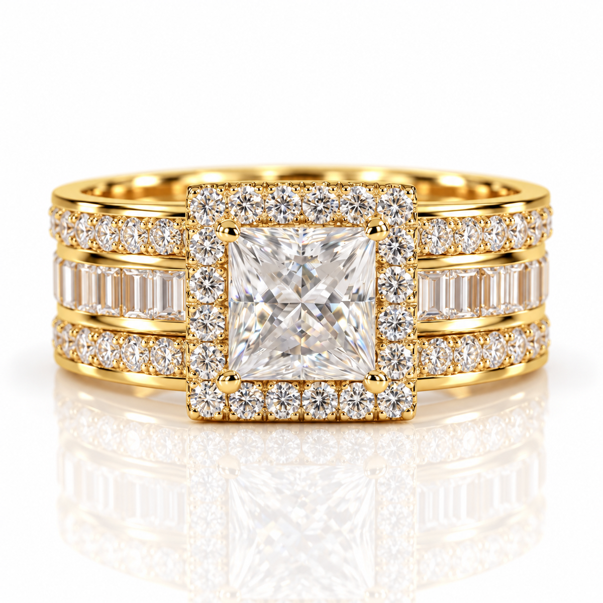 Gold princess-cut engagement ring with diamond halo and baguette band on white background.