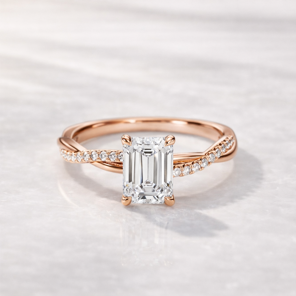 3 Carat Emerald Cut Diamond Ring With Twisted Pave Band

