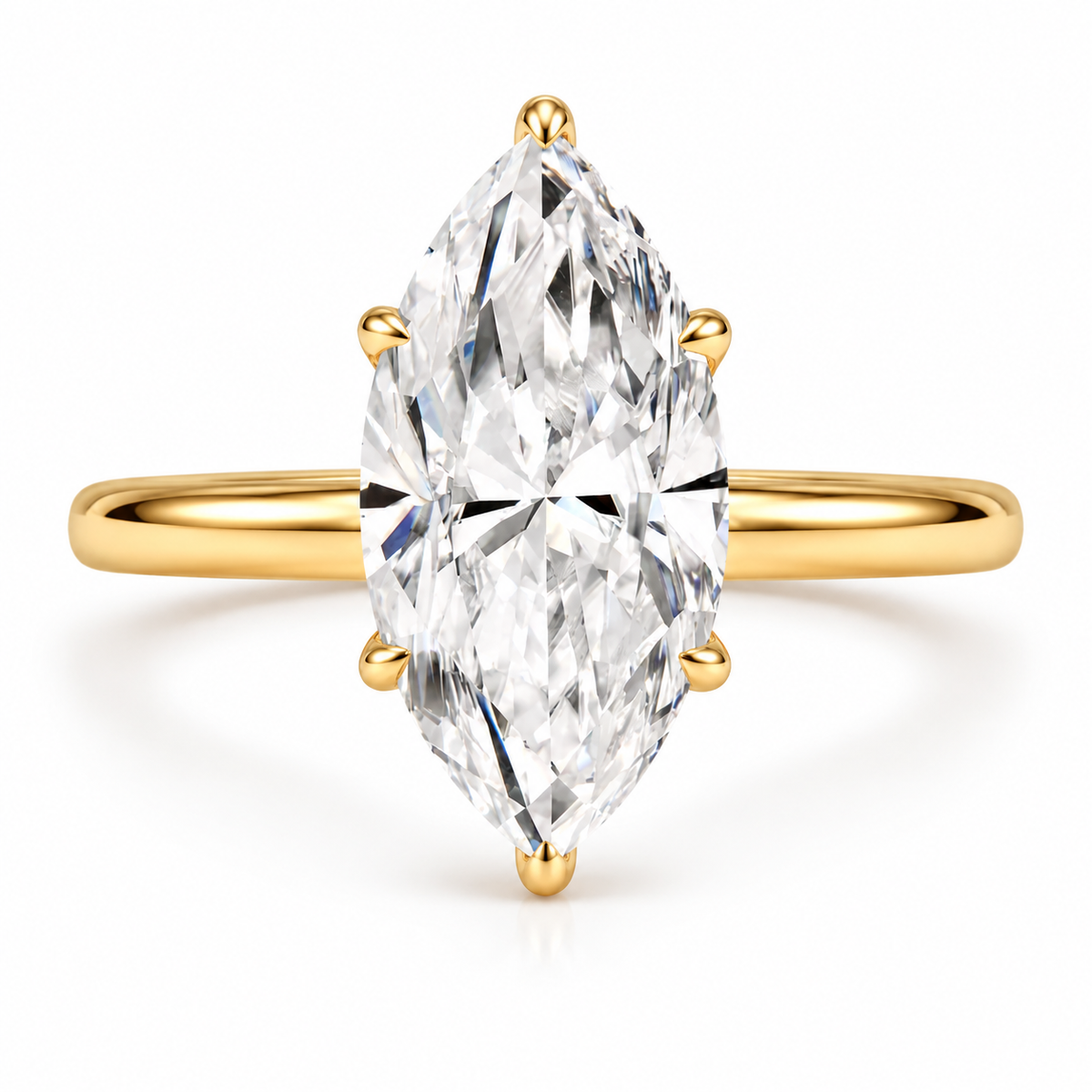 A yellow gold ring featuring a large marquise-cut diamond center stone in a six-prong setting, shown against a clean white background.