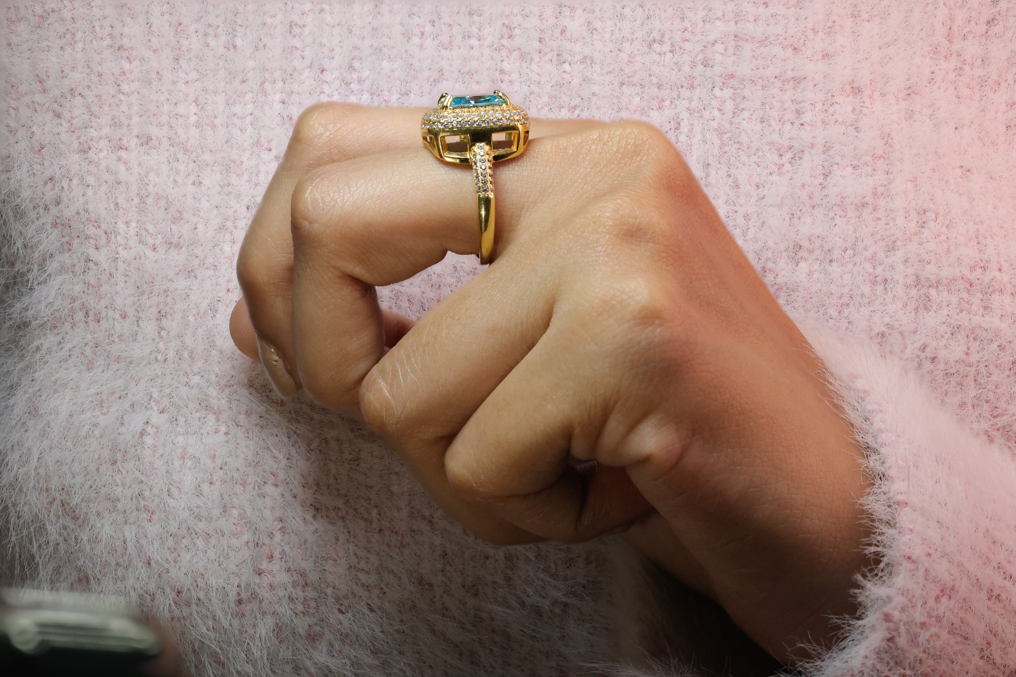 Hidden Halo Engagement Ring Radiant Center Stone Yellow Gold Jewelry.
