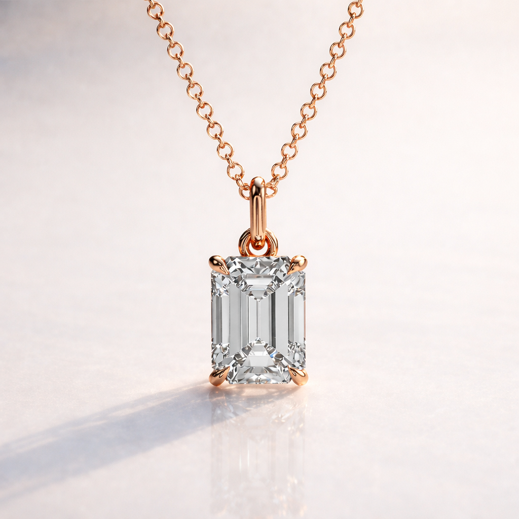Emerald Cut Diamond Pendant In 4 Claw Prong Solitaire Setting
