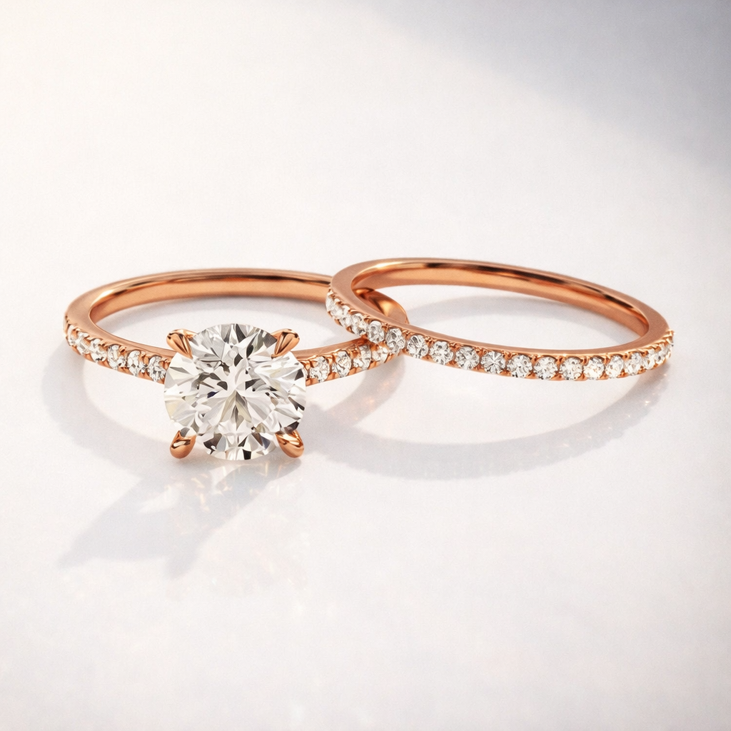 Rose gold diamond bridal ring set with eternity band
