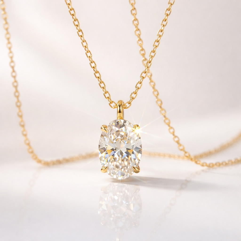 Oval Moissanite Pendant In Yellow Gold With A 4-Claw Prong Setting.
