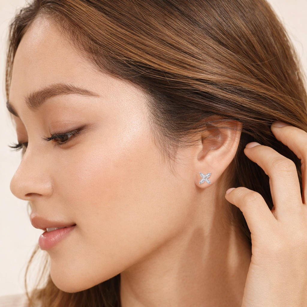 Four Marquise Cut Diamond Flower Earrings In Yellow Gold
