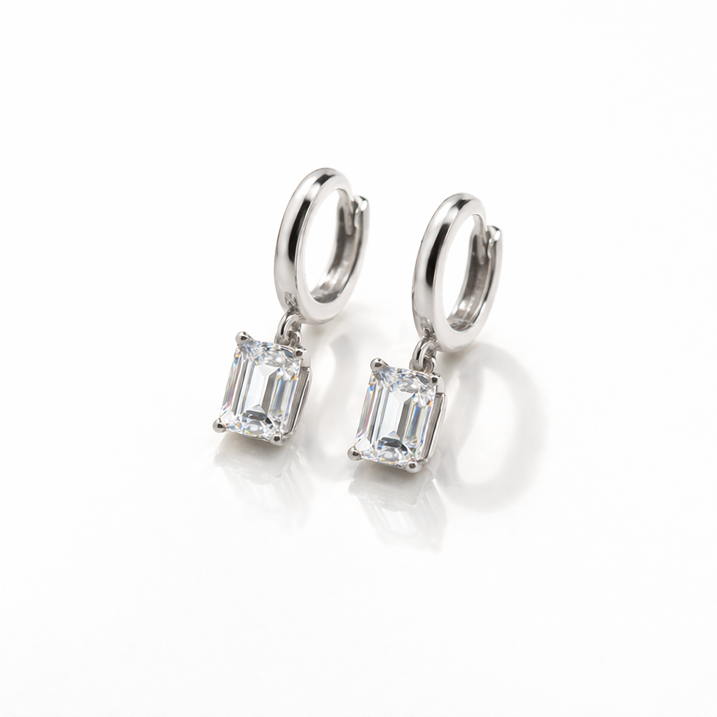 Emerald Cut Earrings With Gold Drop And Diamond Design
