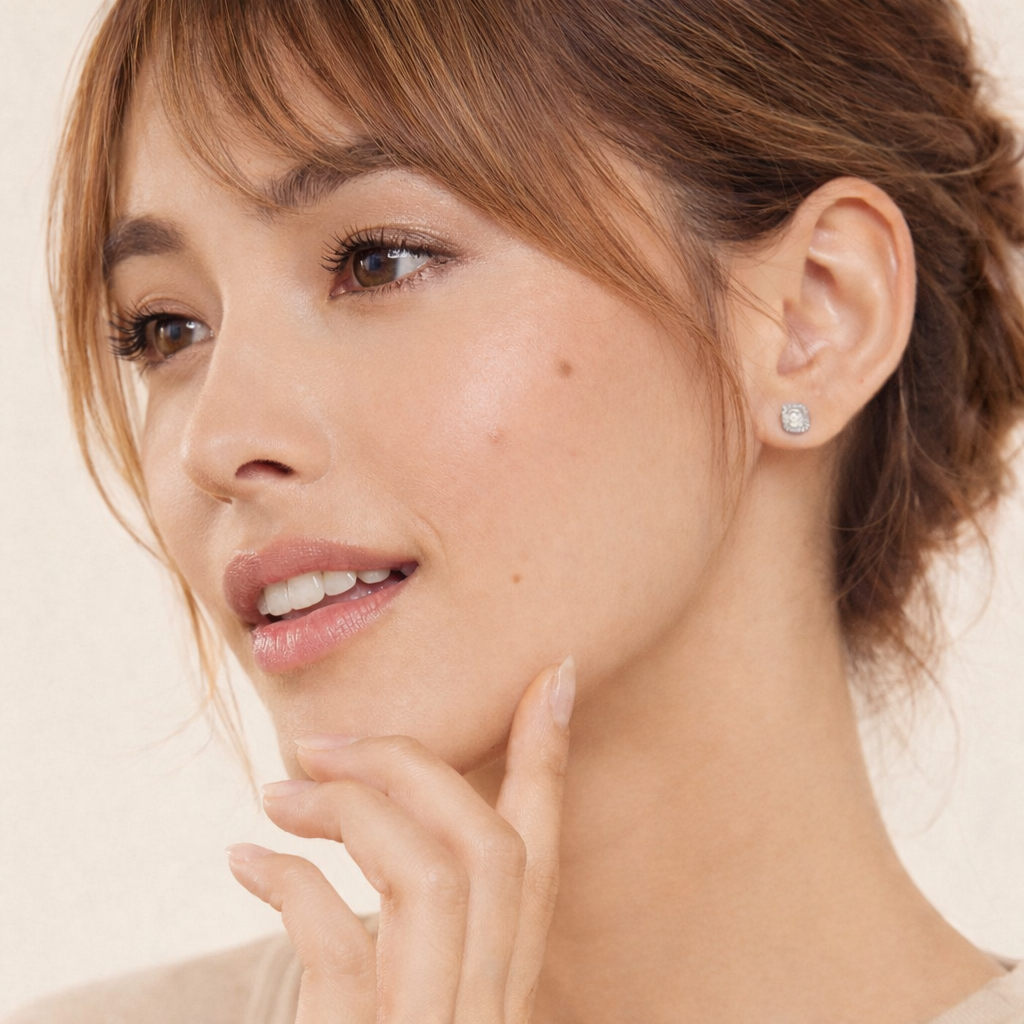 Halo Cushion Cut Diamond Earrings In White Gold Stud Design
