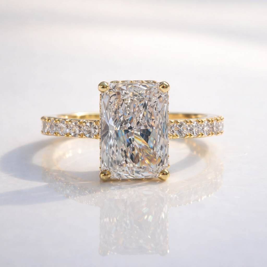 Radiant Cut Moissanite Engagement Ring With Round Cut Pave Band In Yellow Gold
