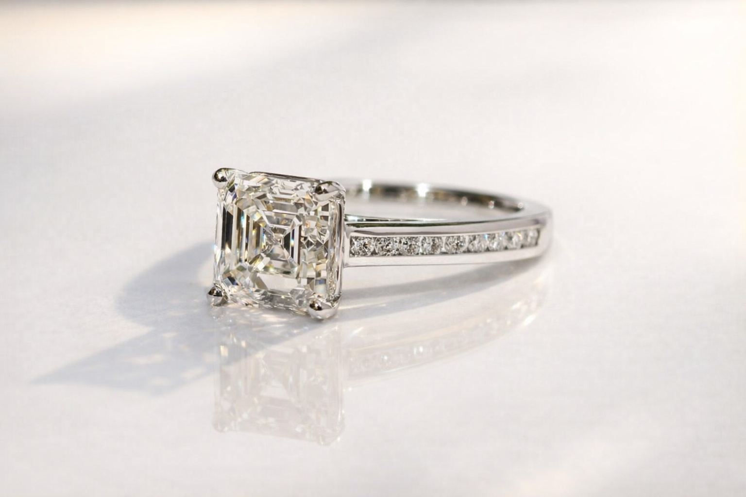 Round Cut Side Stone Cathedral Style Engagement Ring Asscher Cut.
