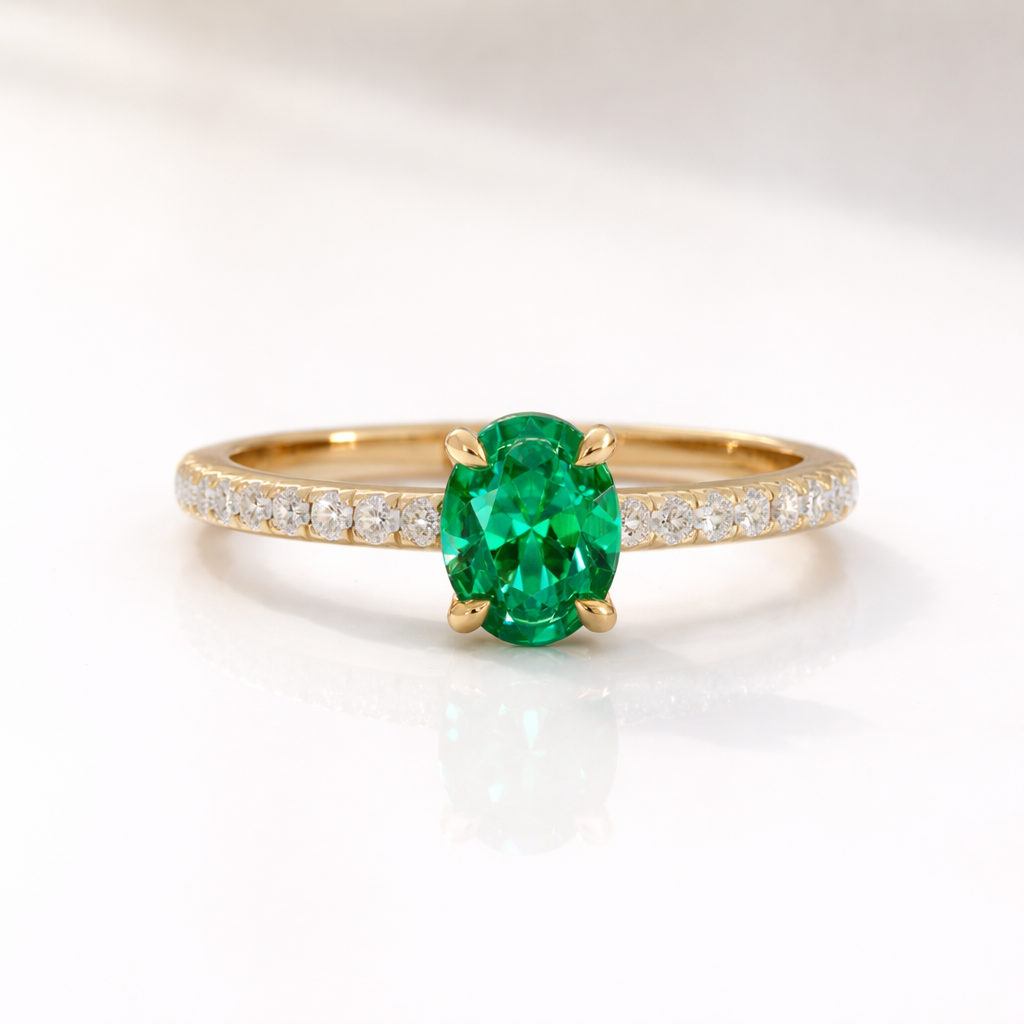 Oval Emerald Engagement Ring With Pave Band
