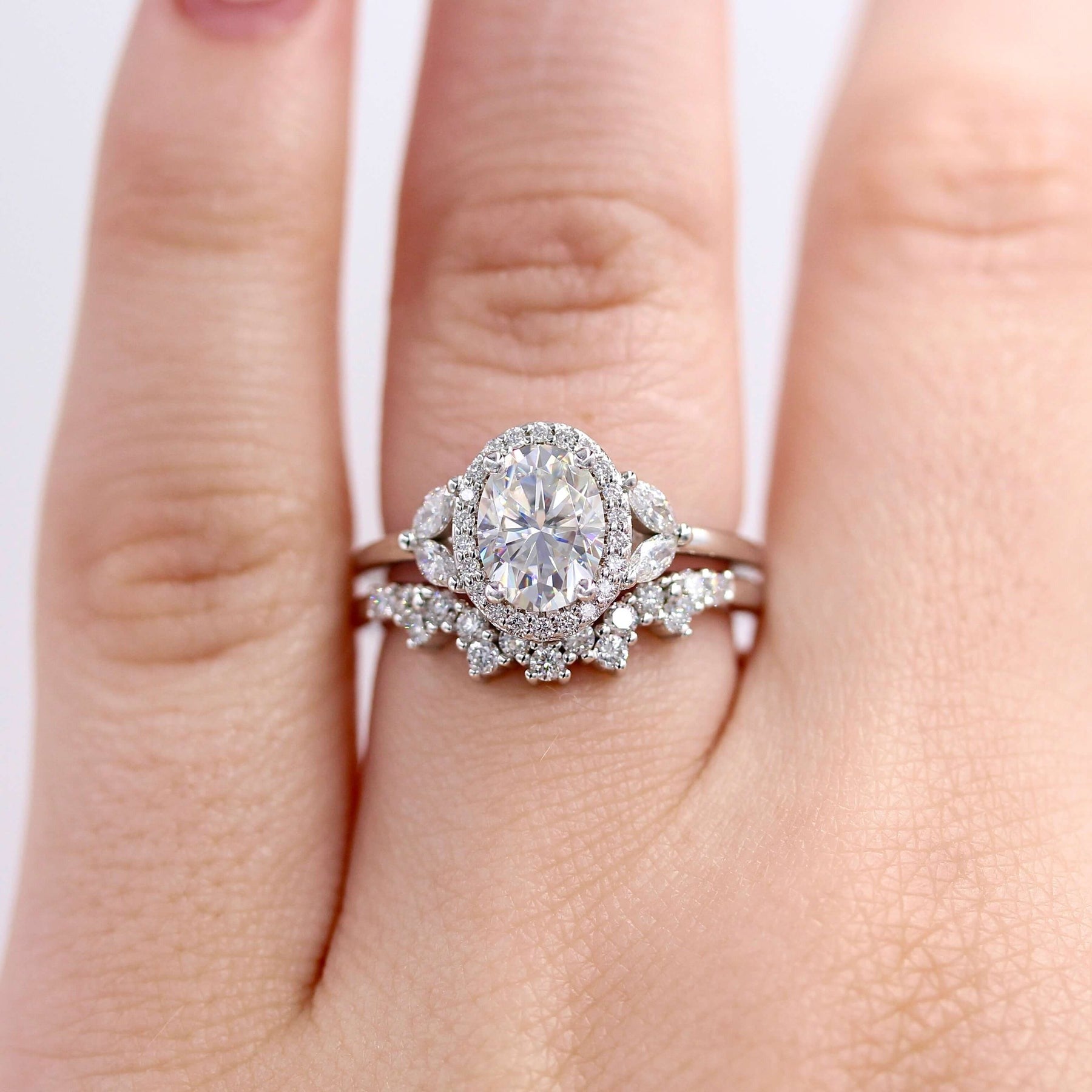 White Gold Engagement Ring Oval Cut Center Stone 4 Marquise Side Stone.
