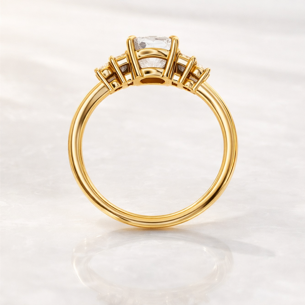 Yellow Gold Engagement Ring With Cushion Cut Diamond And Side Stone Setting
