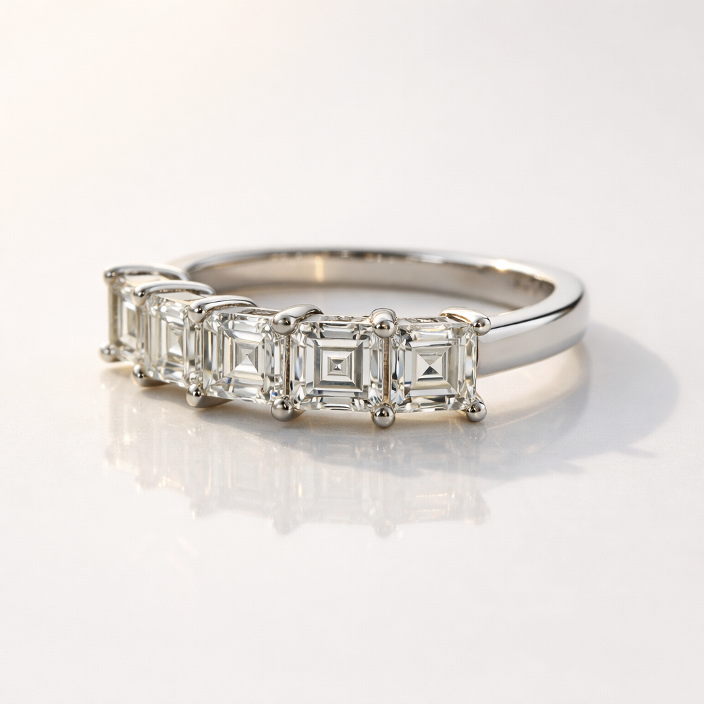 Five Stone Wedding Band With Asscher Cut Diamond Or Moissanite
