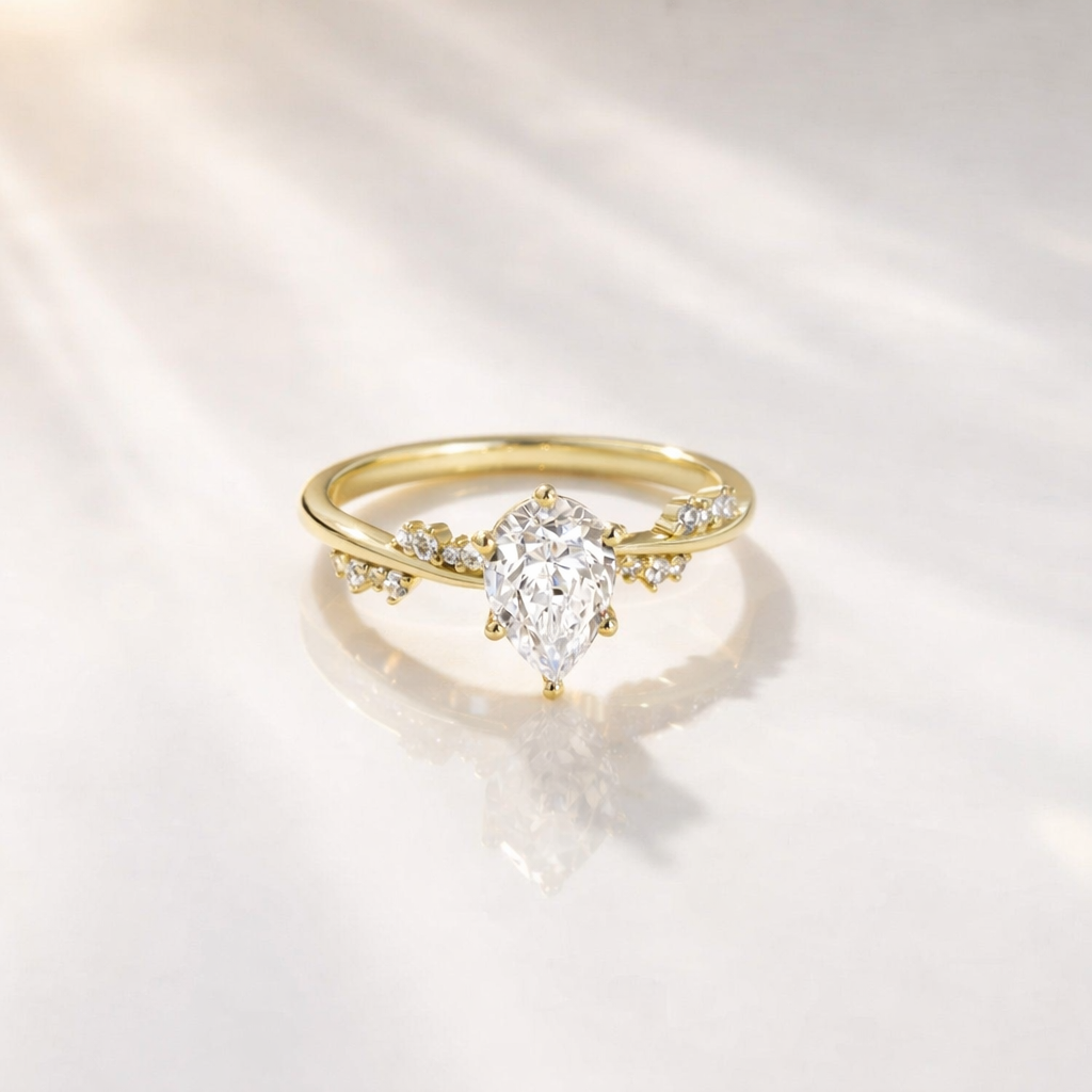 Nature Inspired Ring Pear Cut Moissanite Round Cut Diamond Side Stone Gold.
