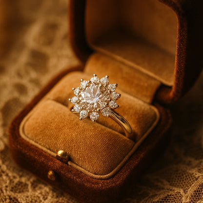 Wedding Gift Ring 10K Yellow Gold Moissanite Halo Design With Classic Flower Pattern And Diamond Glow