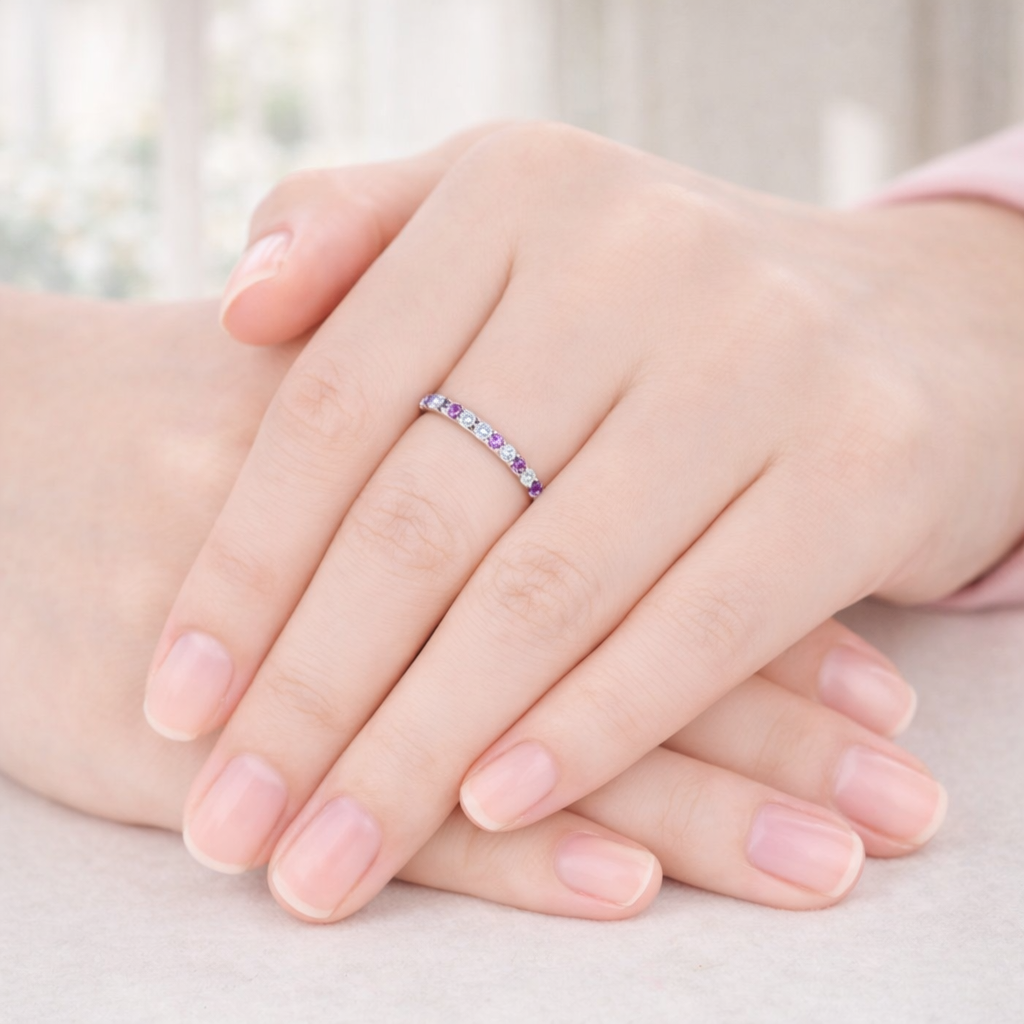 Amethyst Wedding Band Eternity Band Wedding Ring Round Cut Diamond White Gold.
