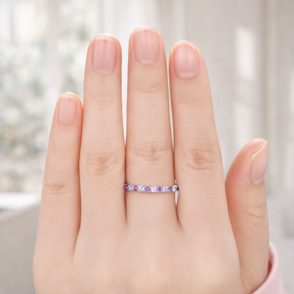 Eternity Wedding Band Amethyst And Diamond Round Cut Moissanite White Gold Band.
