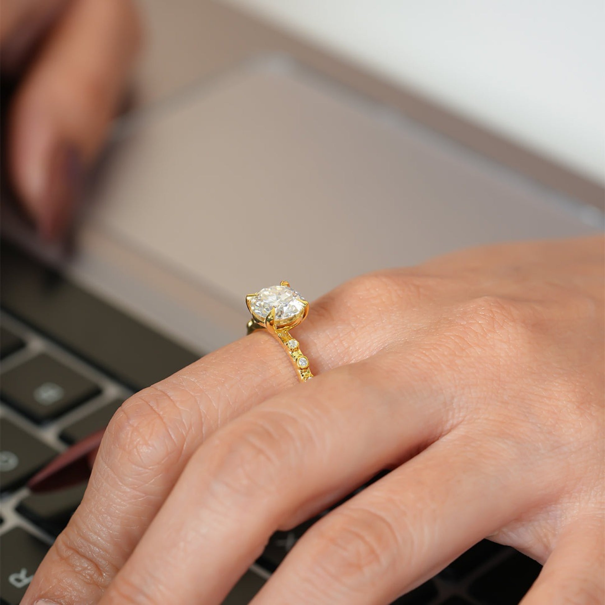 Round Cut Cluster Moissanite Ring, Yellow Gold Engagement Fine Jewelry With Glamour 
