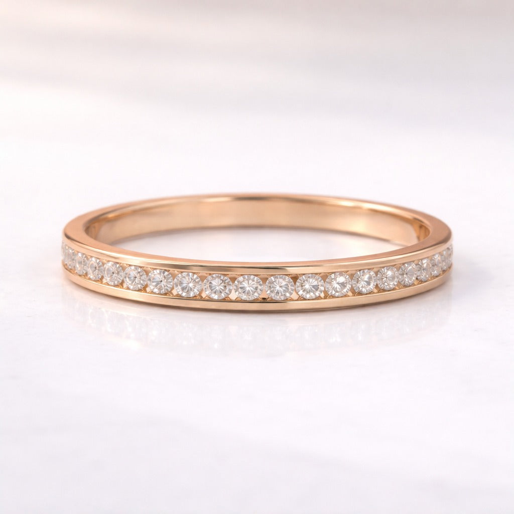 Channel Set Half Eternity Wedding Band In Yellow Gold With Round Diamonds
