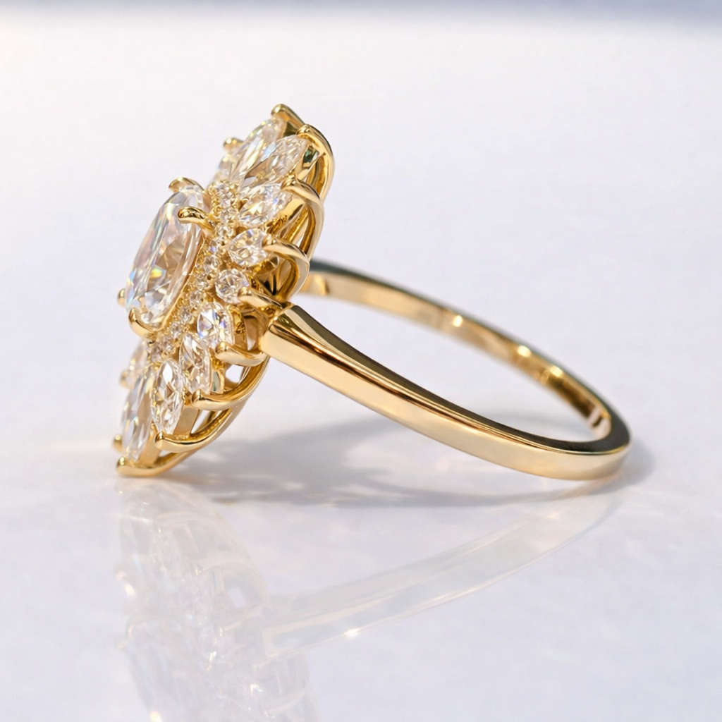 Oval Cut Center Stone Round Cut Halo Setting Cluster Engagement Ring.
