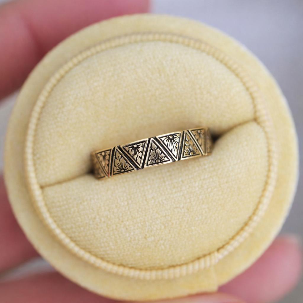 Vintage Mens Wedding Band Tribal Motif Band Men’s Gold Band Black Design.
