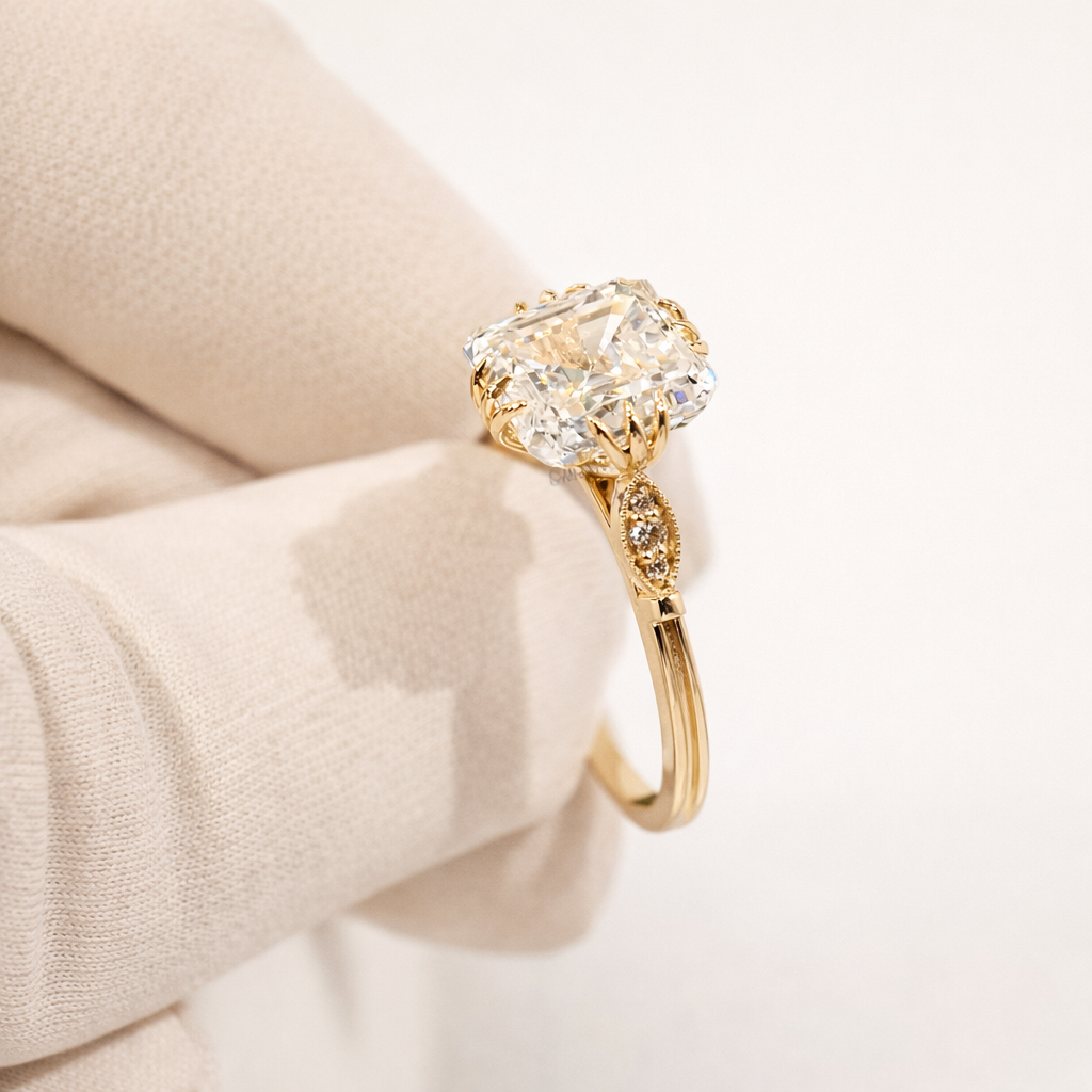 Asscher Cut Center Stone Milgrain Engagement Ring Fishtail Setting.
