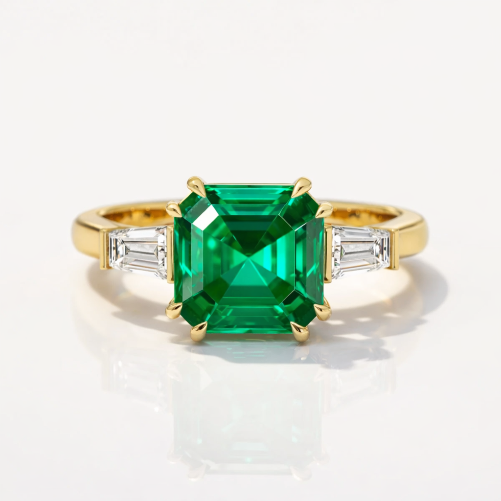 Asscher Emerald Engagement Ring With Diamonds

