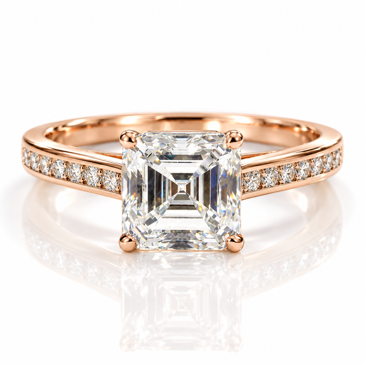18K rose gold vermeil Asscher-cut engagement ring with pavé diamond band on white background.