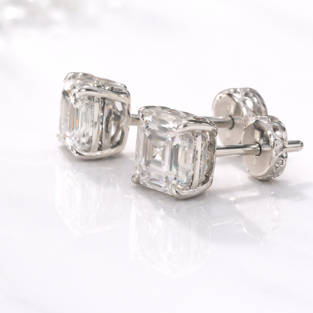 Asscher Cut Diamond Earrings Four Claw Prong Setting Stud Earrings
