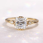 Asscher Cut Diamond Engagement Ring Vintage Looking Yellow Gold Fishtail Prong Setting.
