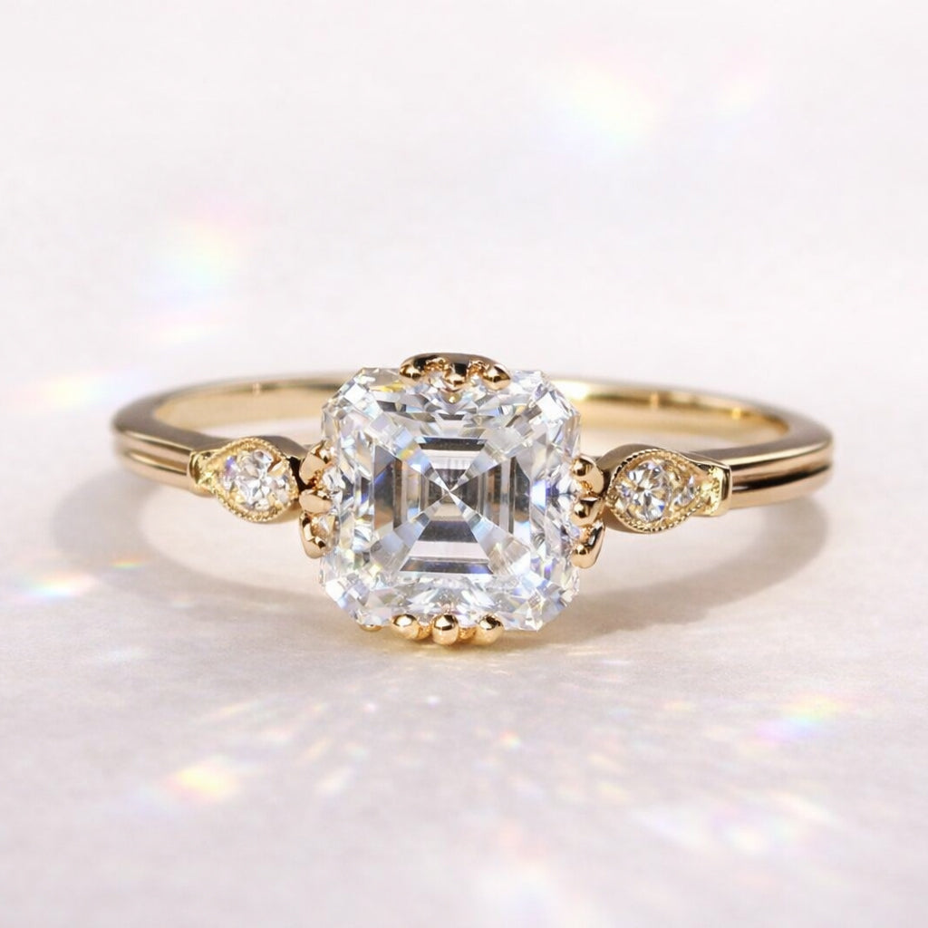 Asscher Cut Diamond Engagement Ring Vintage Looking Yellow Gold Fishtail Prong Setting.
