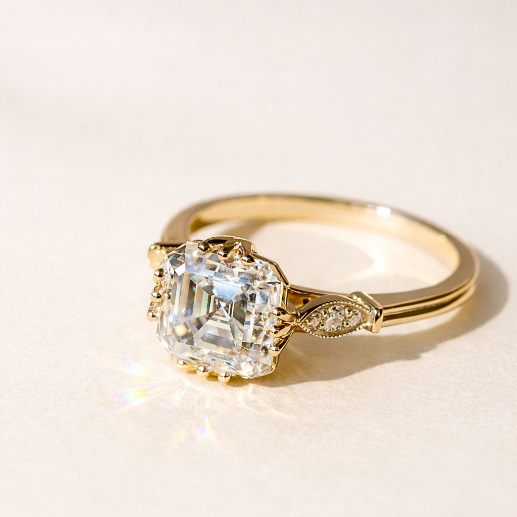 Vintage Engagement Ring Asscher Cut Moissanite Marquise Shape Outline Milgrain Ring.
