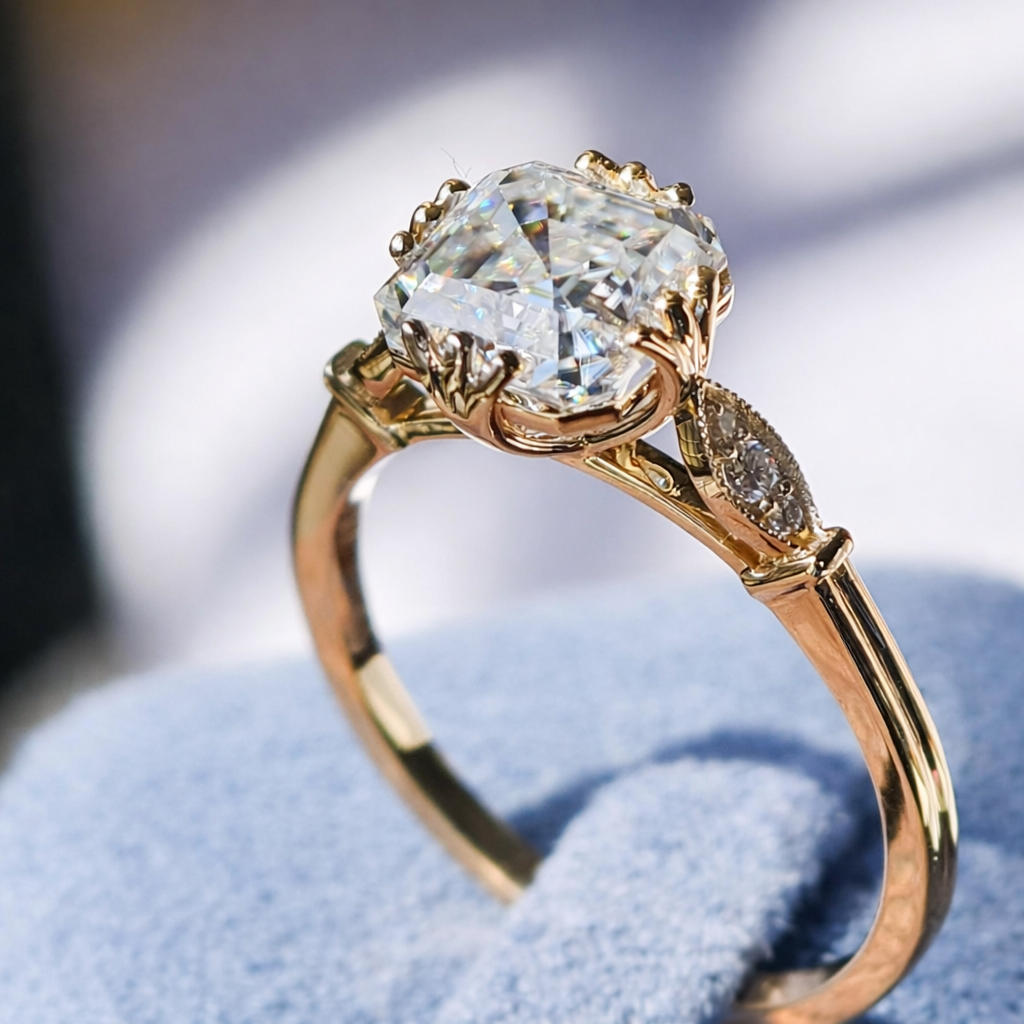 Square Step Cut Diamond Ring With Round Cut Side Stone Cathedral Setting.
