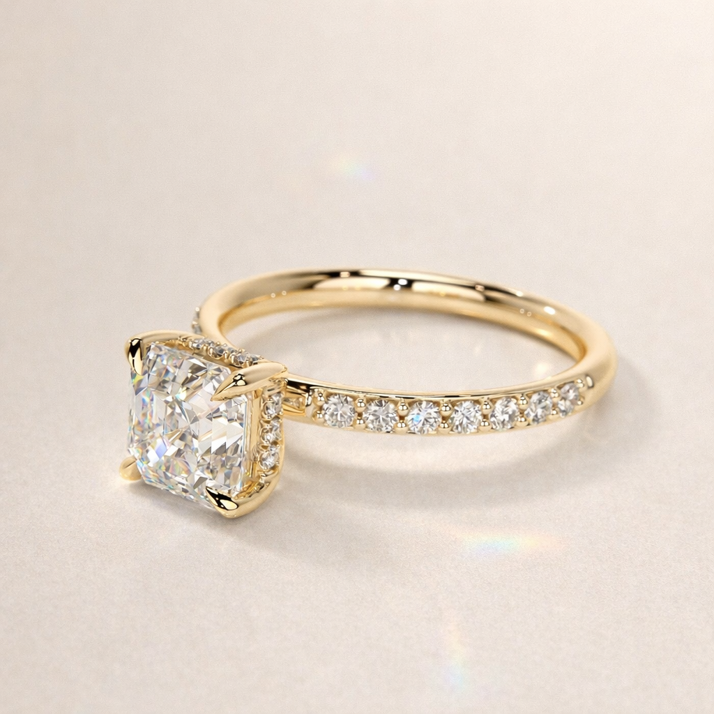 Yellow Gold Engagement Ring Featuring Hidden Halo Diamond Design
