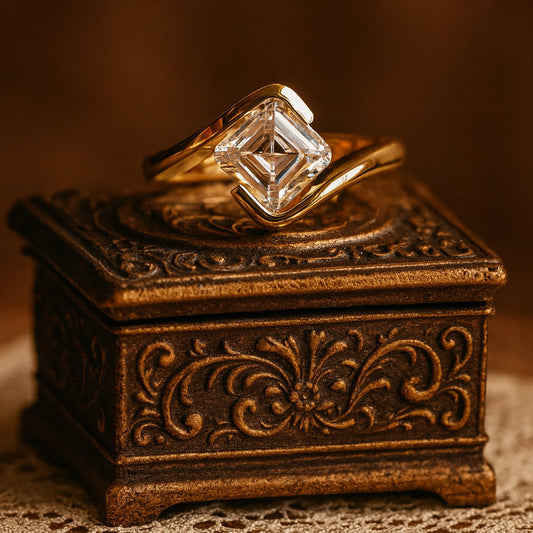 Wedding Ring Types Asscher Cut Moissanite With Contemporary Twisted Rings Displayed On Vintage Box Showing Brilliant Diamond-Style Sparkle.