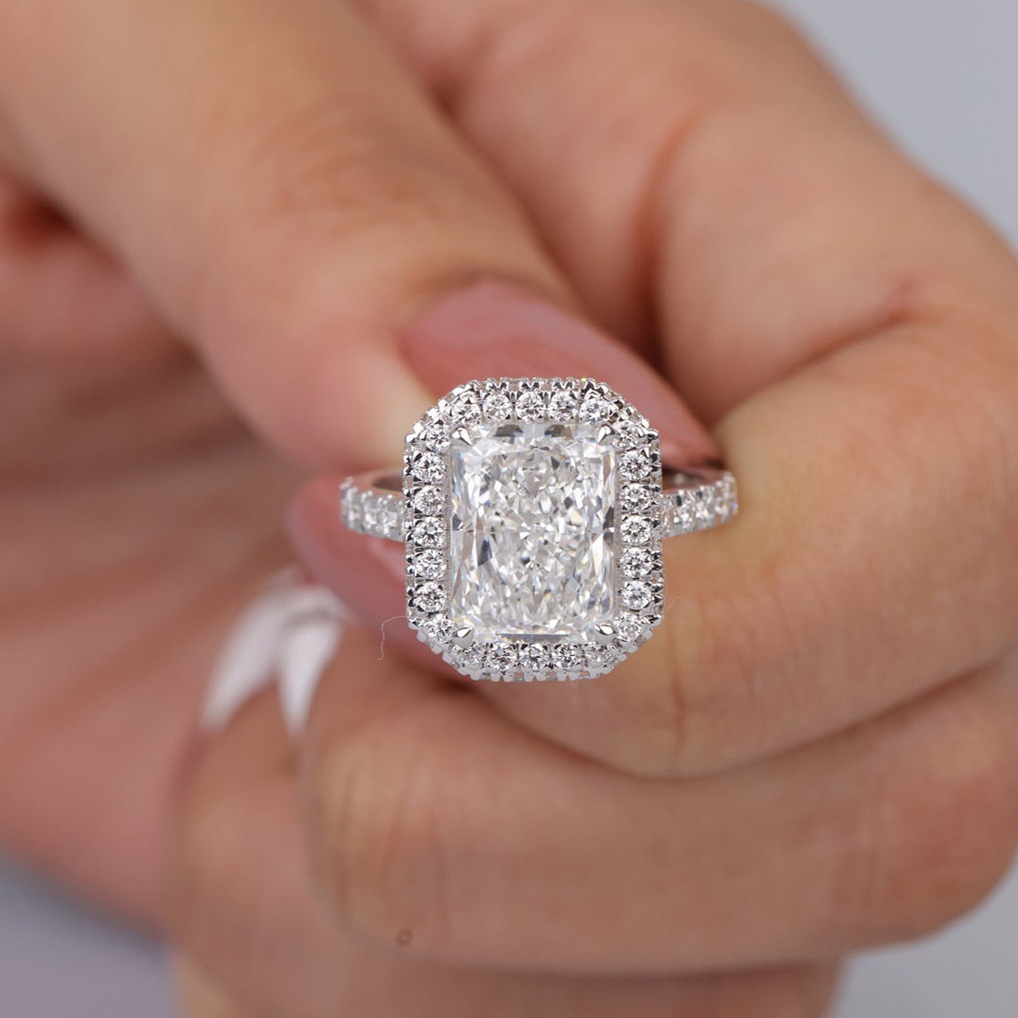 Radiant Cut 14K White Gold Ring, Moissanite Double Halo Engagement Fine Jewelry With Elegance
