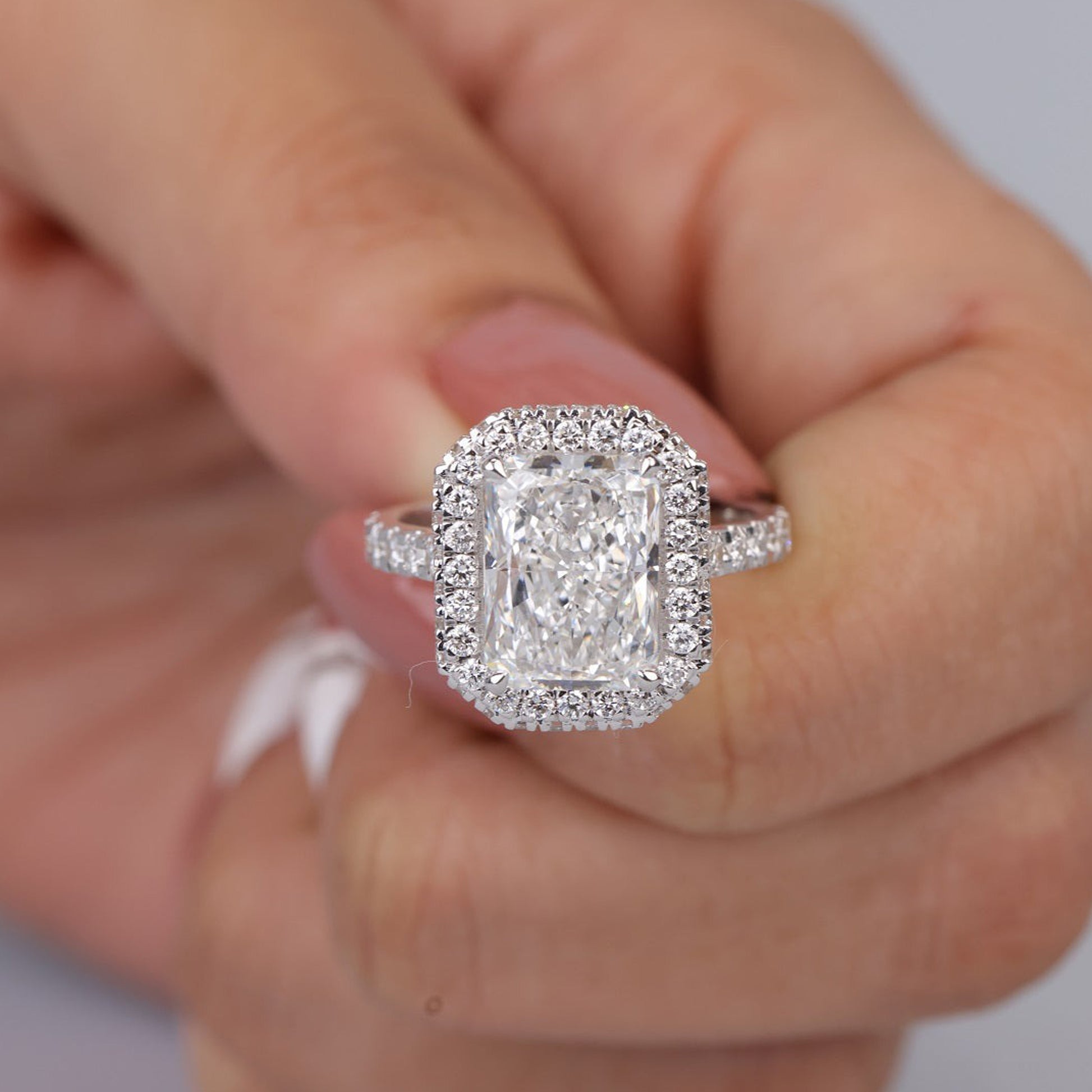 Radiant Cut 14K White Gold Ring, Moissanite Double Halo Engagement Fine Jewelry With Elegance